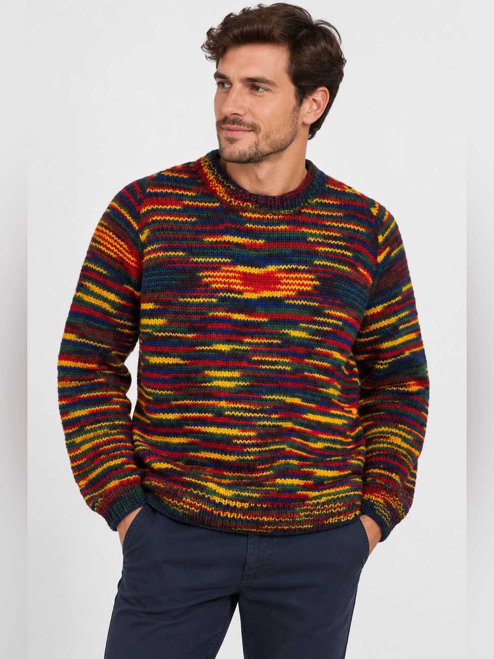 Mens Multicolor Knit Crewneck Sweater M Retro Stripe Eclectic Grandpa Statement